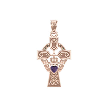 Celtic Cross and Irish Claddagh Rose Gold Pendant with Heart Gemstone UPD5340 - Jewelry